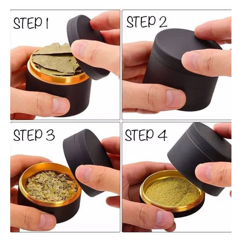 Aluminum Herb Grinder Black Rubber Paint Gold Color Inside - Large Capacity 2.48 Inch 4 Pieces