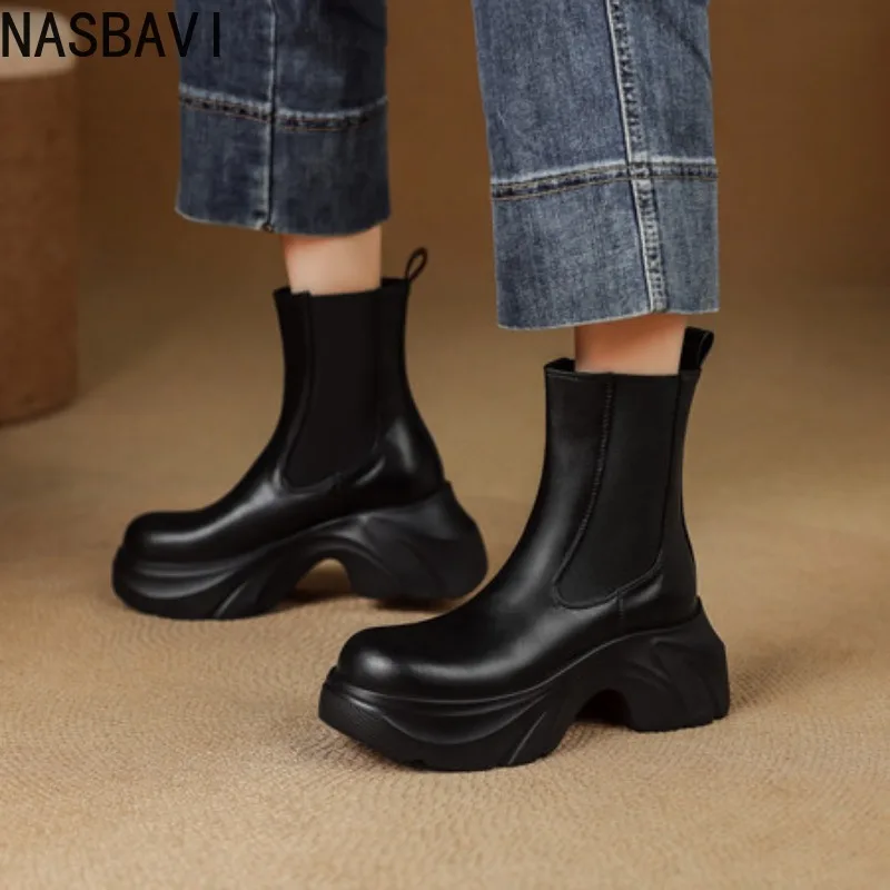 

Retro Mid-Calf Chelsea Boots Thick Heel Rough Texture Commuter Women's Short Boots Microfiber Material round Toe Rubber Sole