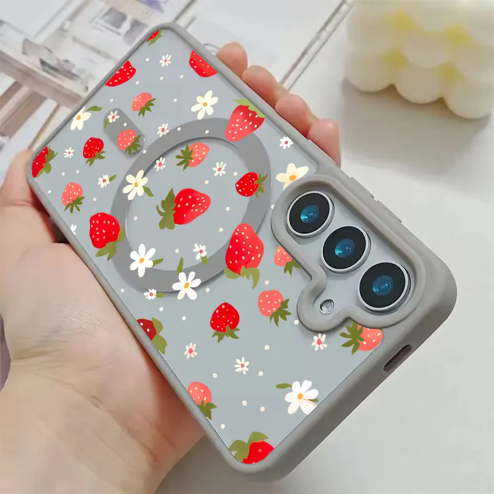 Magnetic Wireless Charging Phone Case For Samsung Galaxy S26 S25 S24 S23 S22 Ultra Plus FE 5G Strawberry Flower Print Back Cover - view 5