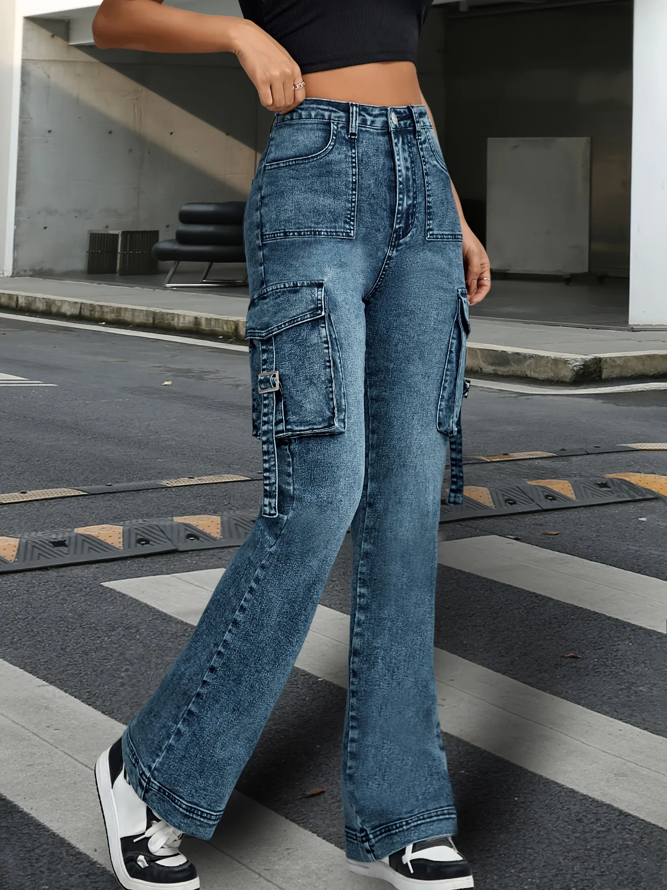 American Vintage Spell Color Cargo Jeans, Women's Spring and Autumn Fashion High-waisted Micro-flare Pants, Floor-length Jeans