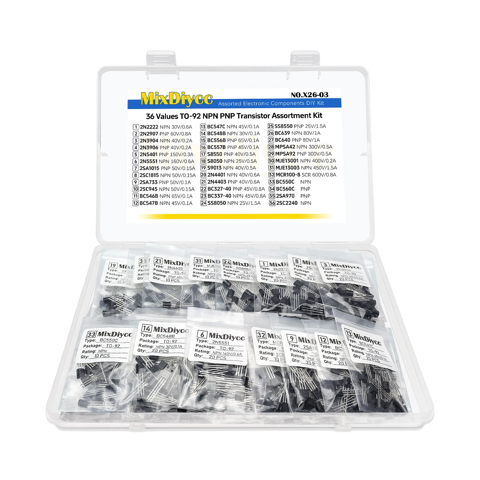 36 Values TO-92 Transistor Kit 2N BC 2222/3904/3906/5401/5551/546B/547B/547C/548B/556B/557B/S8550/S8050/SS8550/BC639 540 Pcs