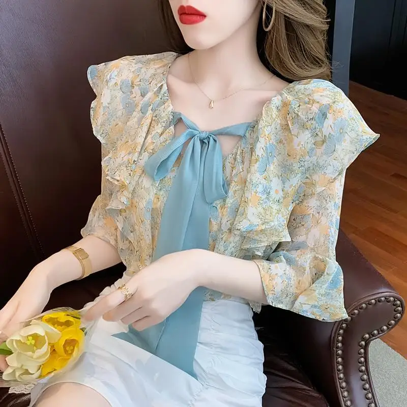 2024 Summer Women Trendy Floral Print Short Sleeve Blouses Ruffles Lace Up Bow Sweet Shirts Female Casual V Neck Loose Chic Tops