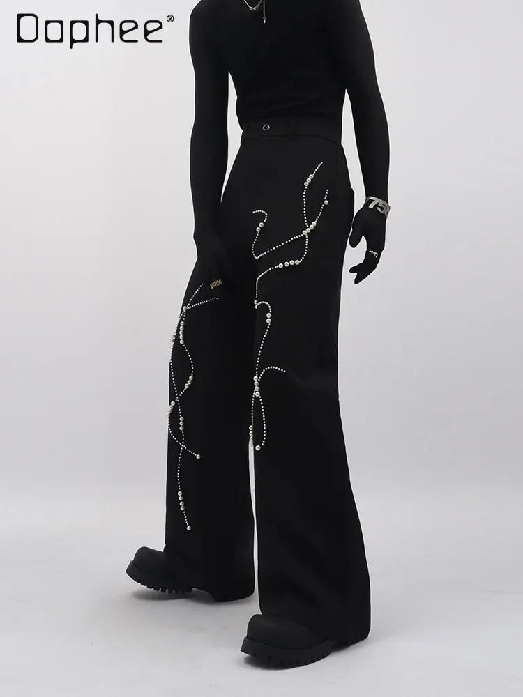 

2026 Spring Autumn New Men's Embroidery Beaded Loose Casual Wide Leg Straight Long Pants Business Casual Host Suit Pants