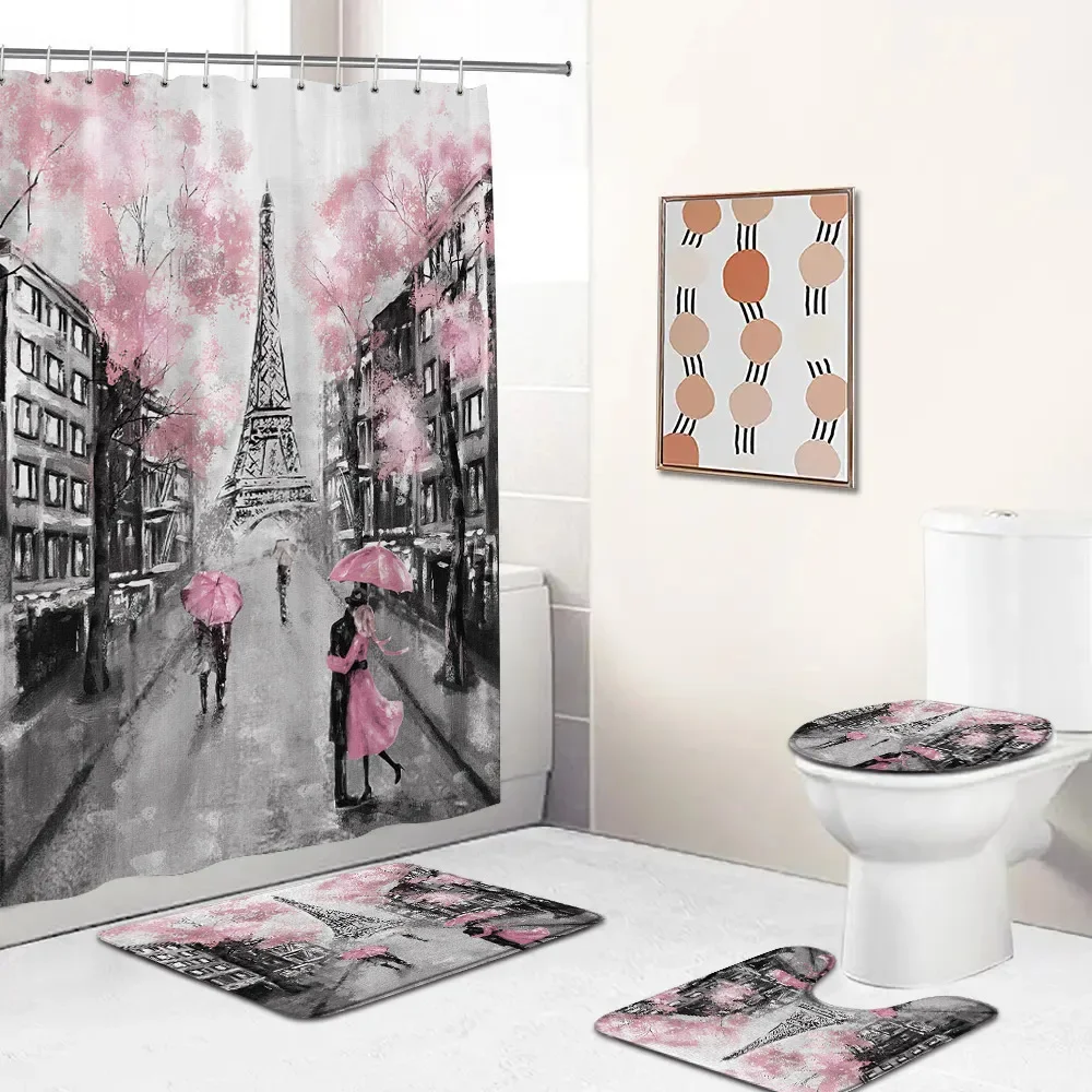 Paris Bath Curtains Set Romantic Eiffel Tower Red Lips European Cityview Vintage Bathroom Decorations Bath Mat Toilet Lid Cover