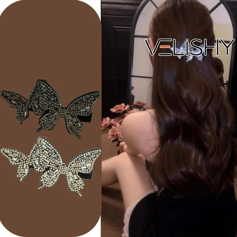 

2Pcs Fashionable Full Diamond Elegant Butterfly Hair Clip Sweet Duckbill Clip Hair Accessories Sparkling Side Bangs Clip