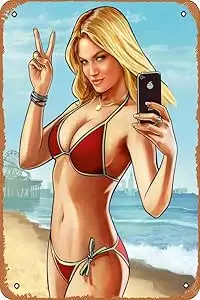 GTA 5 Beach Girl Game Poster 8 x 12 Inches - Retro Vintage Metal Tin Sign for Home Bar Pub Garage Decor Movie Gifts