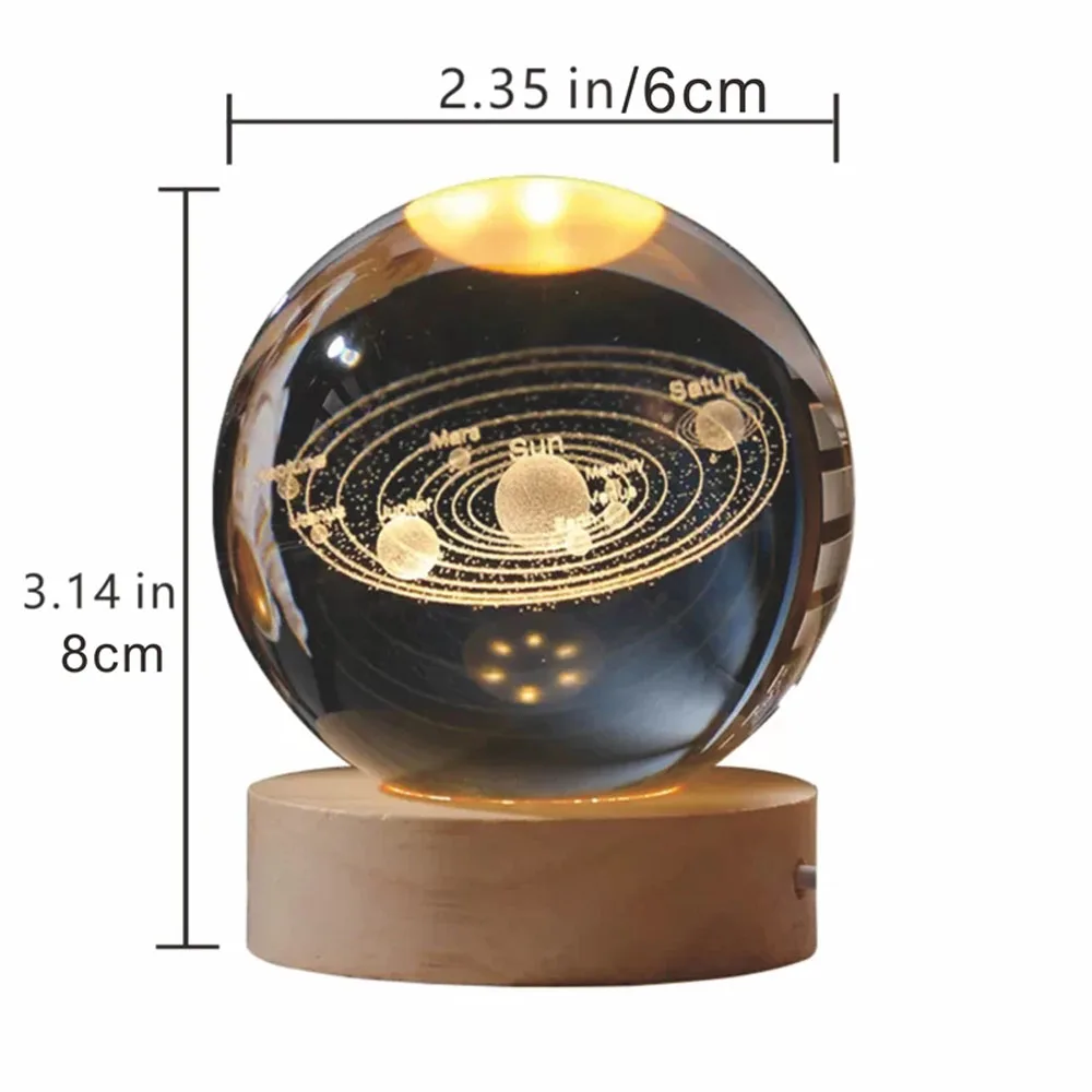 USB LED Night Light, Galaxy Crystal Ball Lamp, 3D Planet Moon Lamp, Decoração para casa