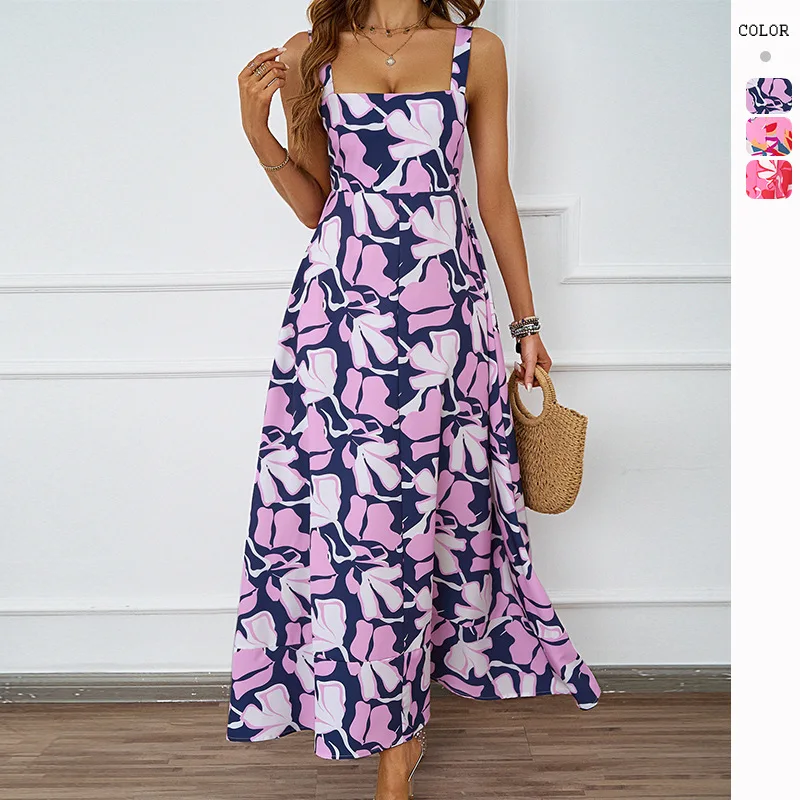 

European and American 2024 Summer Beach Dress with Flowing Straps and A-Line Skirt with Floral Print Dress