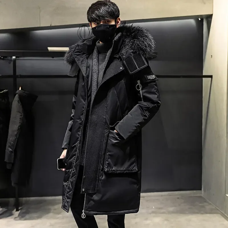 Winter Herren Daunen jacke lange Kapuze Kunst pelz Kragen Parka Luxus leichte weiße Ente Daunen warme Jacke Paar Kleidung