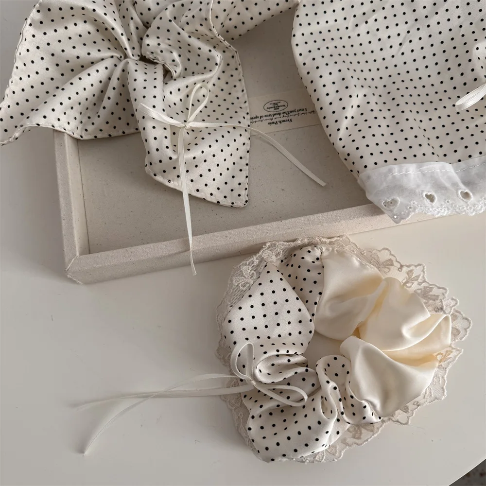 

French Floral Lace Polka Dot Scarf Scrunchies Cream Sweet Vintage Hair Ties for Women Ponytail Bun Maker