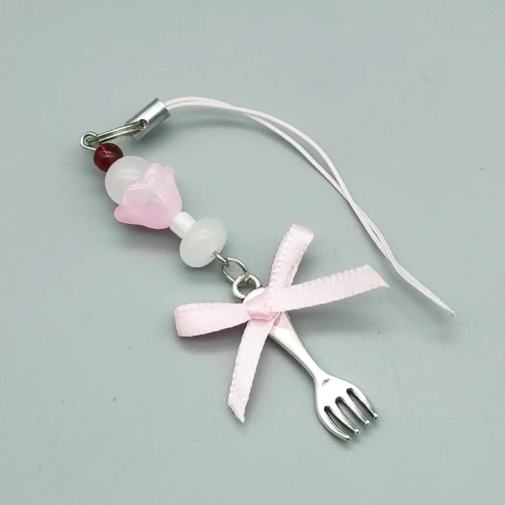 Original Design Dessert Cup Spoon Bow Phone Chain Charm Strap Bag CCD Camera Lanyard Keycord Rope for Phone Keychain