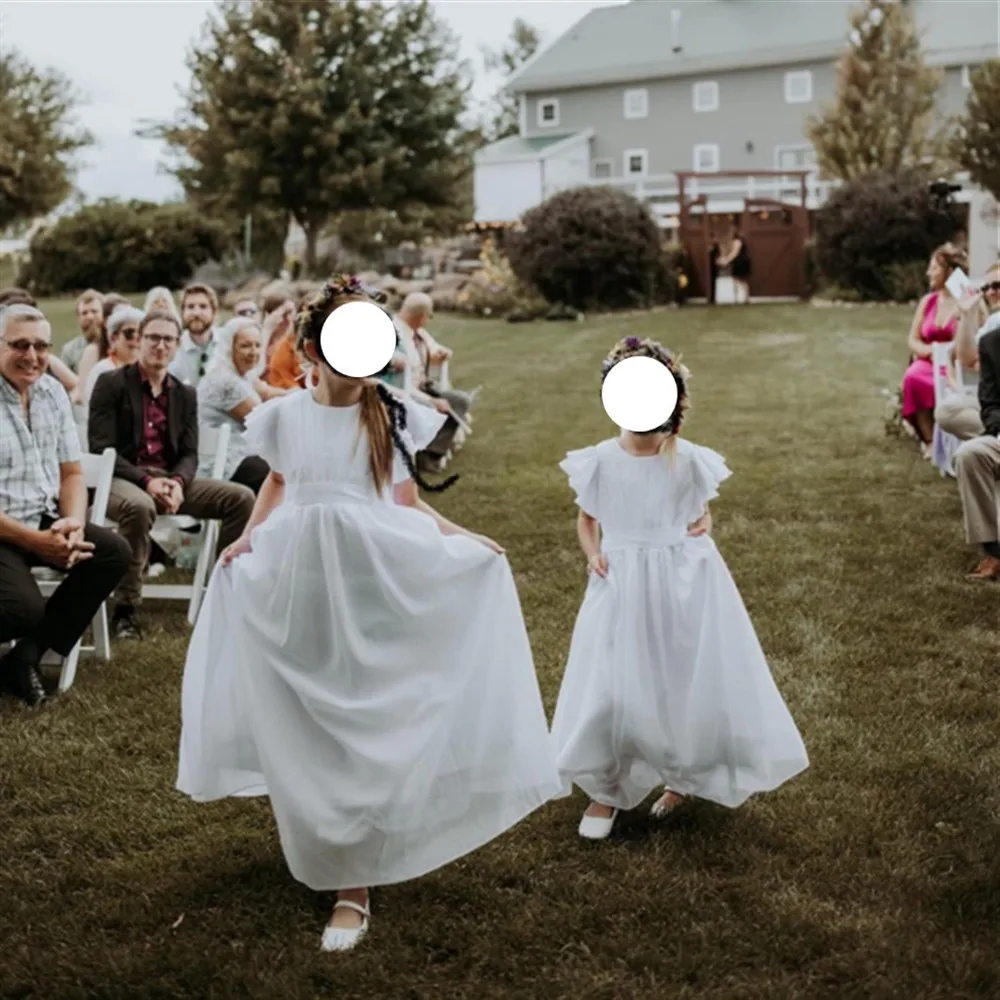 

Flower Girl Long Wedding Dress Bridesmaid Pleated Sleeve with Bow Belt Princess Birthday Formal Party Event Dress Customized