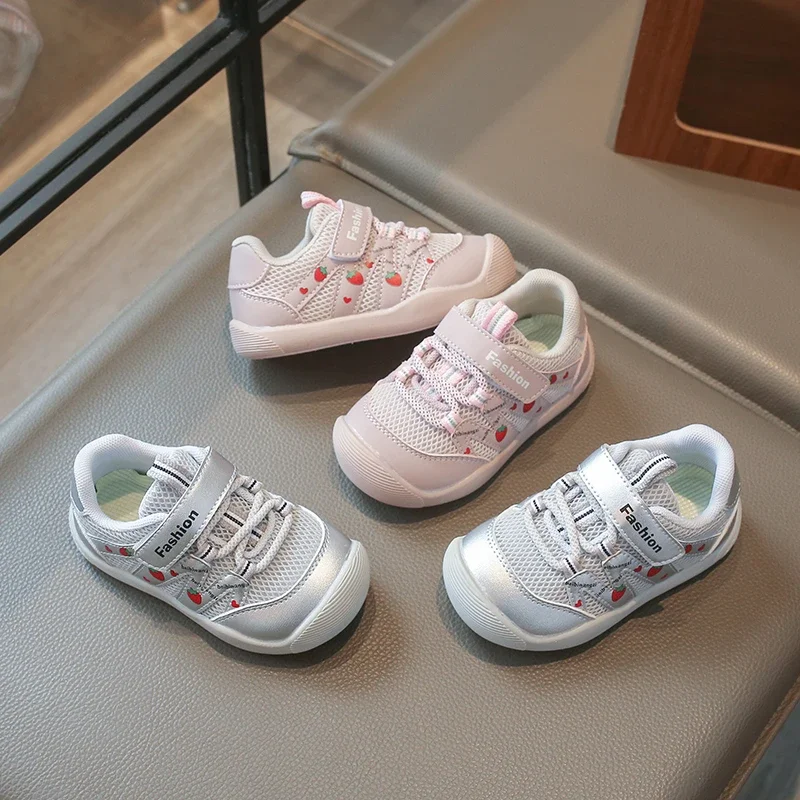Kids Girls Boys Cute Casual Shoes Breathable Mesh PU Hook and Loop Anti‑Collision Toe Flexible Non‑Slip Toddler First Walkers