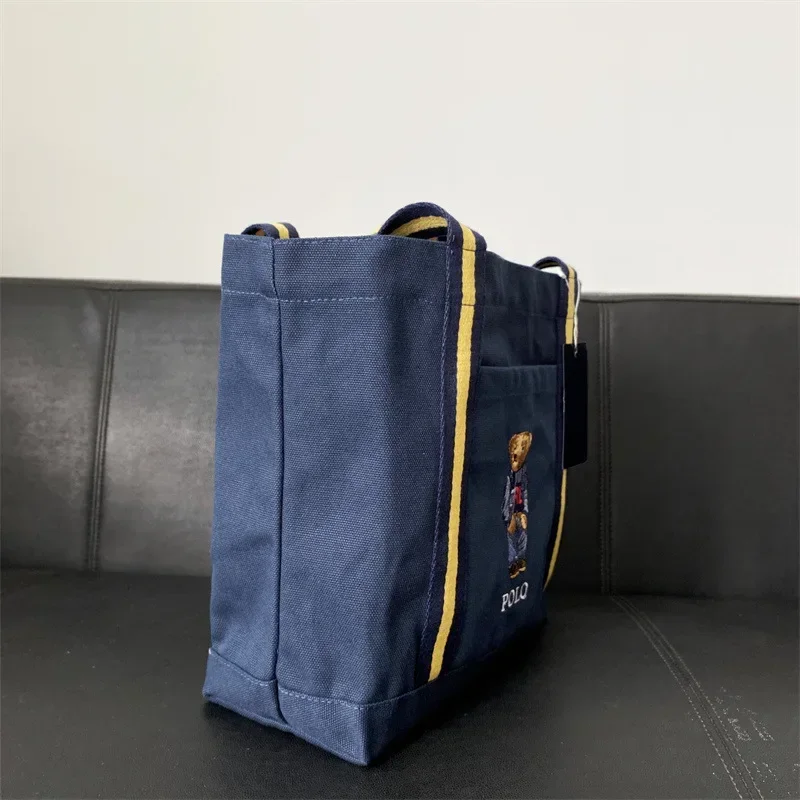 

Denim Tote Bag with Bear Embroidery - Canvas Crossbody Shopper with Adjustable Strap
