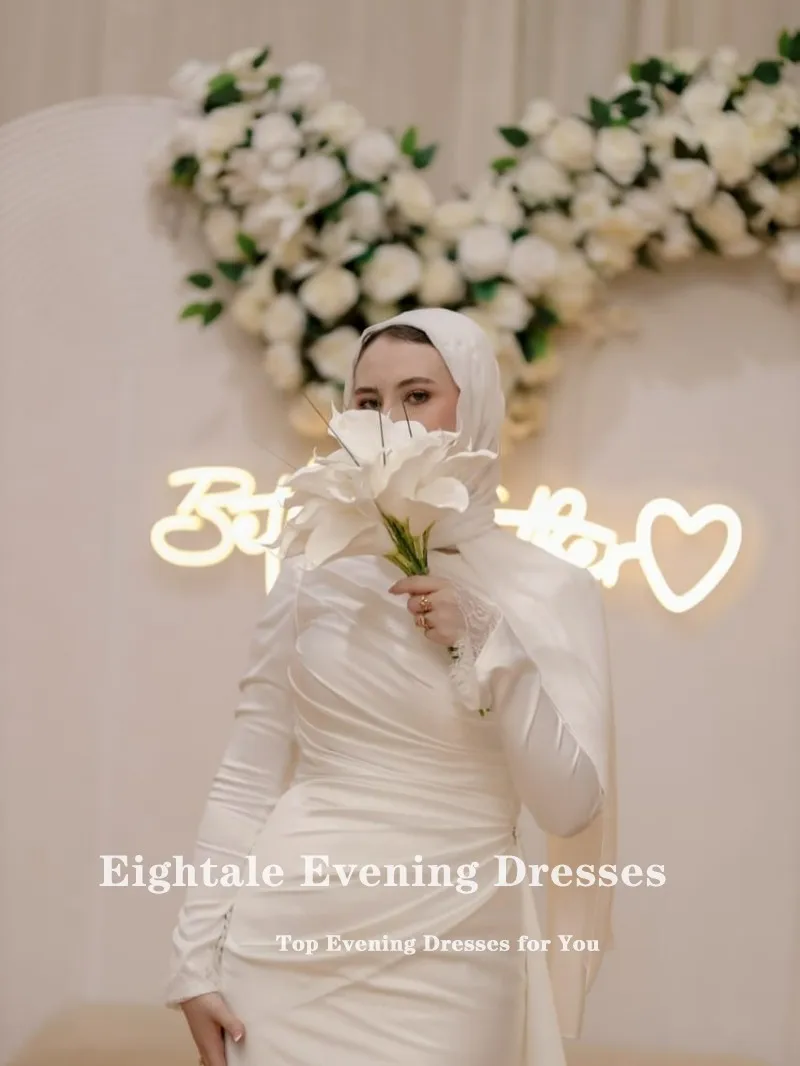 Eightale Arabic Wedding Dress O-Neck Customized Ivory Satin Long Sleeves Pleat Muslim Bridal Gown Mermaid Bride Party Dress