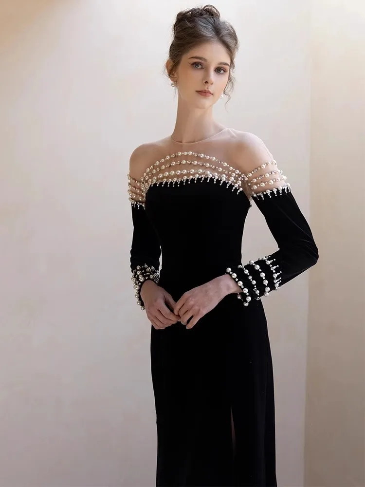 Hepburn Style Black Evening Dress 2024 New Long Sleeves Prom Dress Off The Shoulder With Pearls Fishtail Dress Vestidos De Noiva