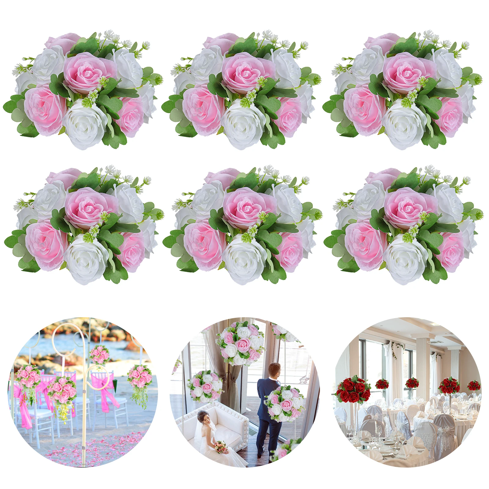 6Pcs Artificial Flowers Centerpiece Table Decorations Rose Ball for Weddding Floral Arrangements Bouquet for Party Home Decor