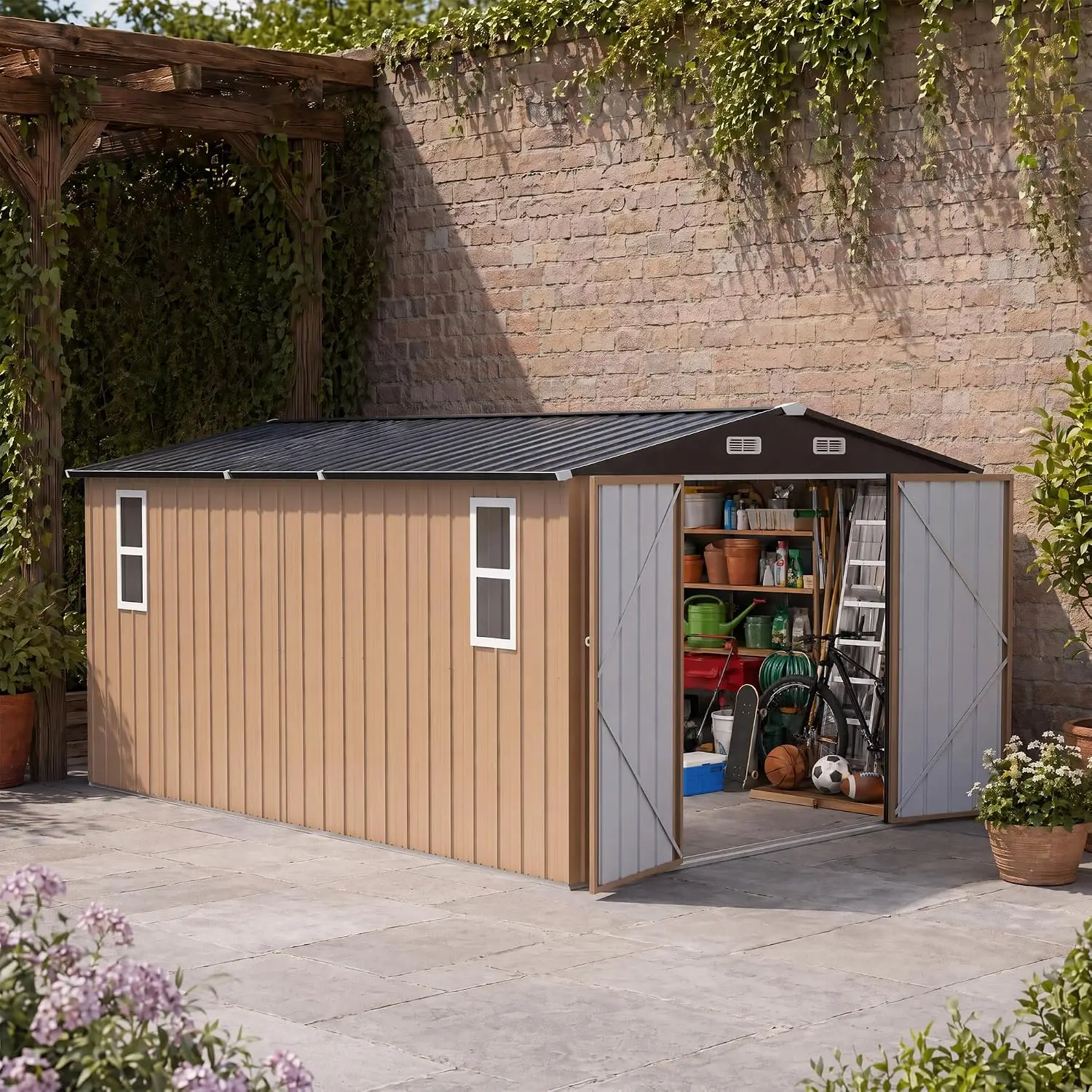 10 x 14 FT Outdoor Storage Shed with Windows, Heavy Duty Galvanized Steel Storage Building with Double Lockable, Customized