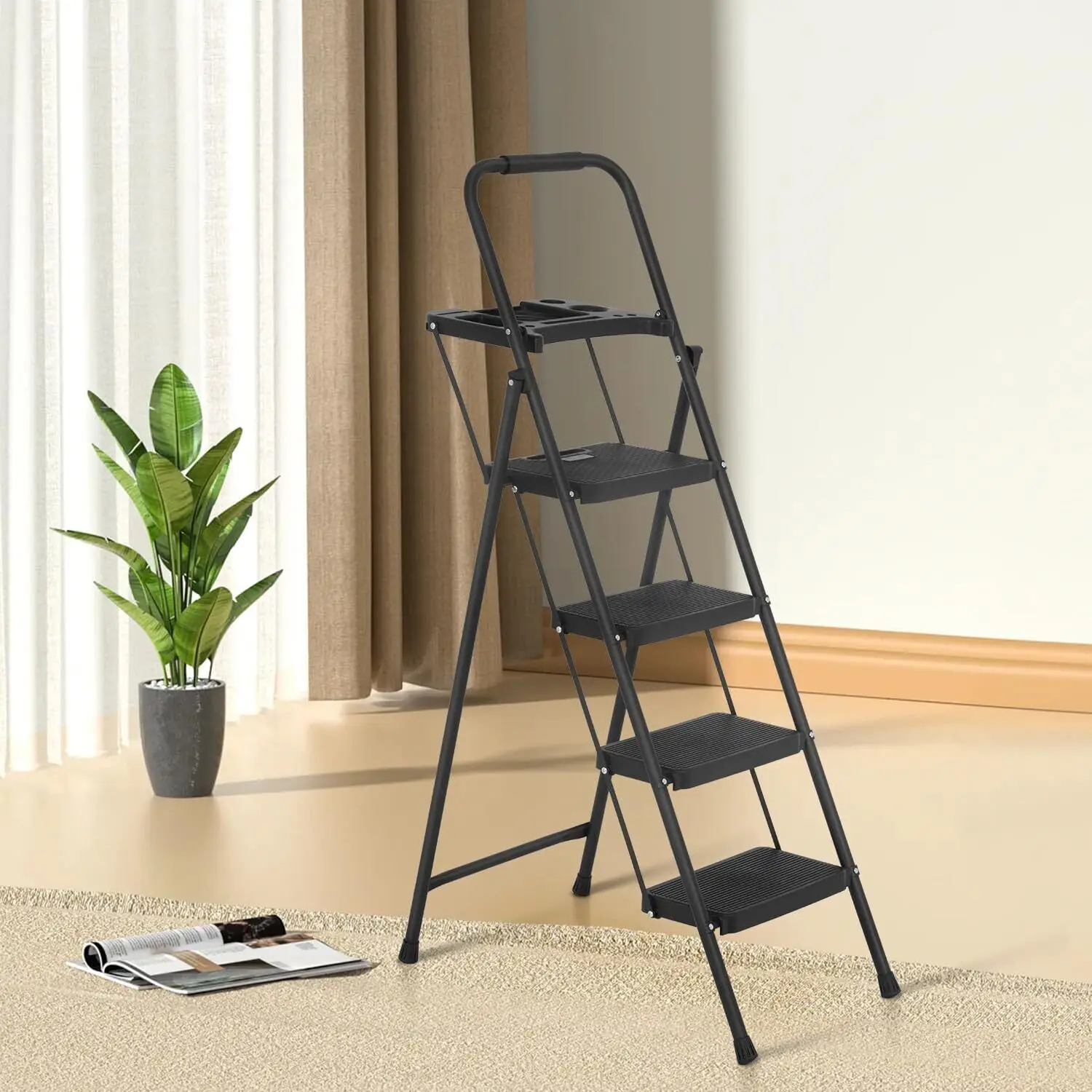 US Portable Steel Folding 4-Step Ladder, Bandwidth, Non-Slip Pedal, 330 lbs