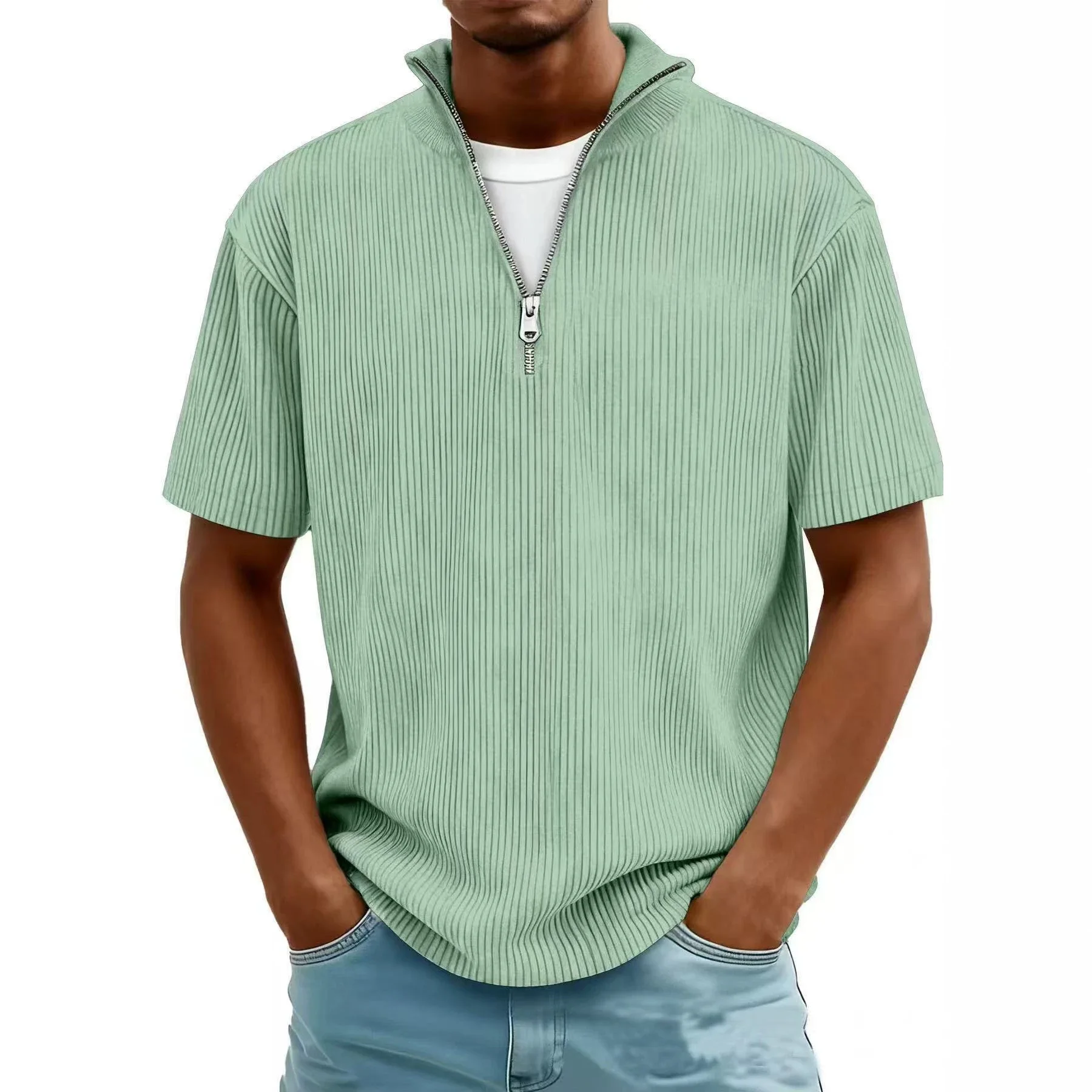 Summer Corduroy Stand-up Collar Shirt Men's Solid Color Loose Casual Shoulder Men's Short Sleeves