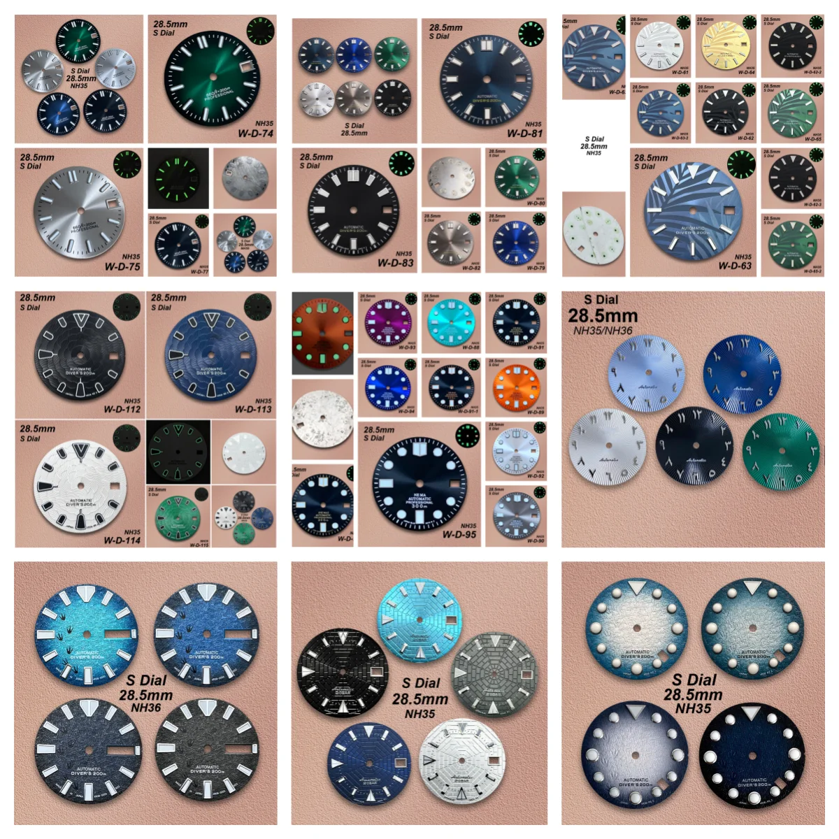 28.5mm S Logo Bamboo Leaf/Arab Diving Dial Fit NH35/NH36/4R36 Movement Green Luminous Sunburst Watch Modification Accessories