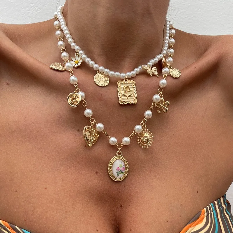

2 Pcs ZAA Coin Flower Imitation Pearl Necklaces for Women Heart Butterfly Sun-shaped Pendant Necklace Statement Jewelry Sets