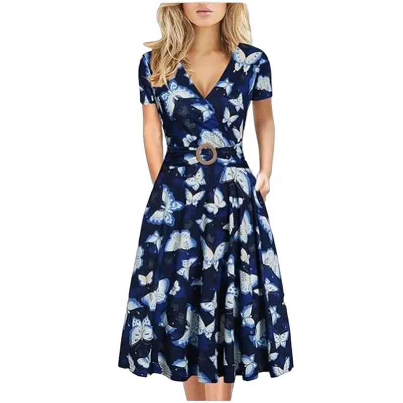 Women Spring Summer Dress Printing Color Short Sleeves V Neck Flounced Edge Standard Elegant Casual Fashion Comfortable Regular