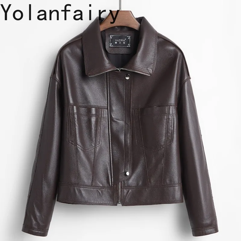 

YOLANFAIRY Women Genuine Sheepskin Leather Jacket Hot Selling Short Brown Real Leather Coat Spring Autumn Fashion Streetwear