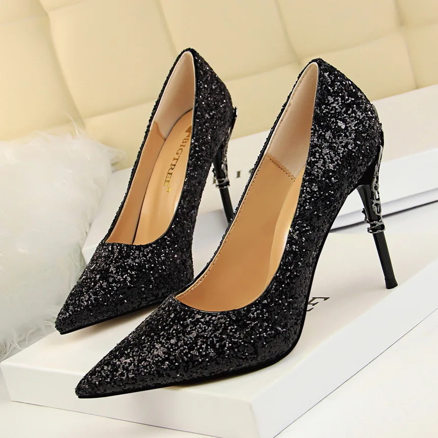 

Women Pumps Style Fashion Sexy Nightclub Women's Metal Thin High Heel Shallow Mouth Pointed Shining Single Shoes туфли женские