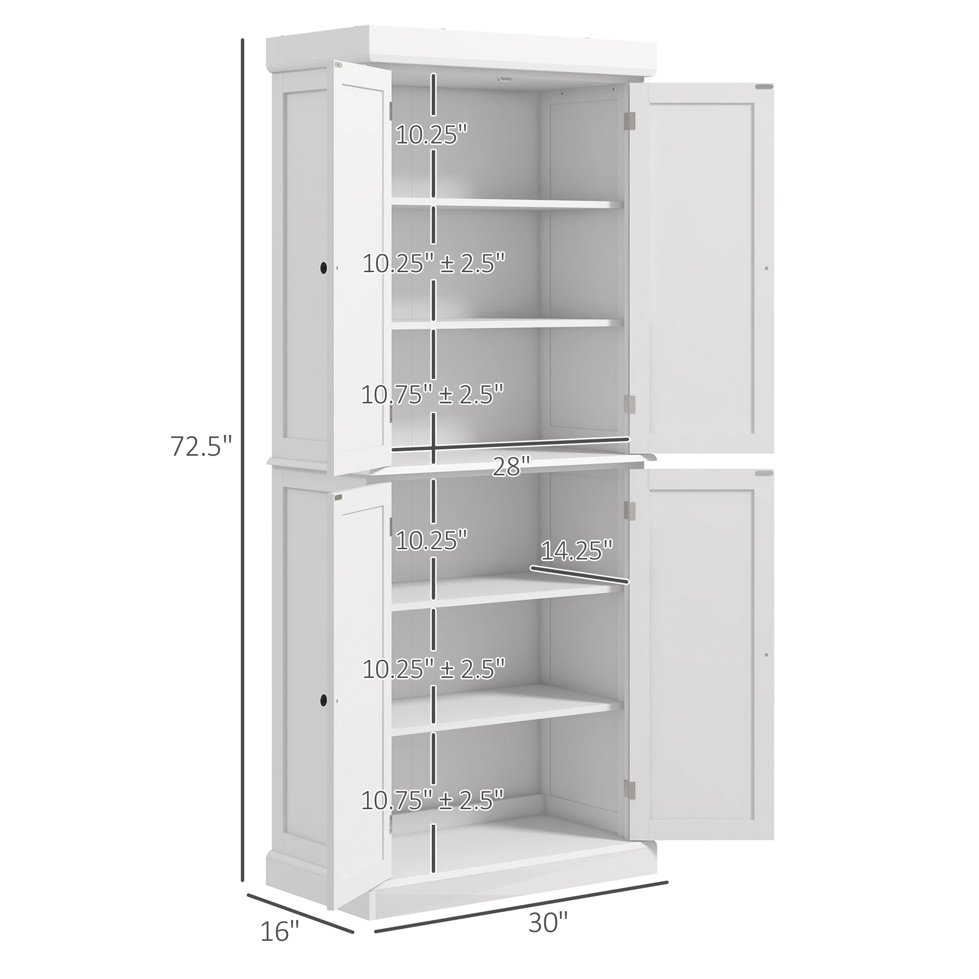 Homcom Modern Kitchen Pantry, 6-Tier Cabinet Organizer W/ 4 Adjustable, White