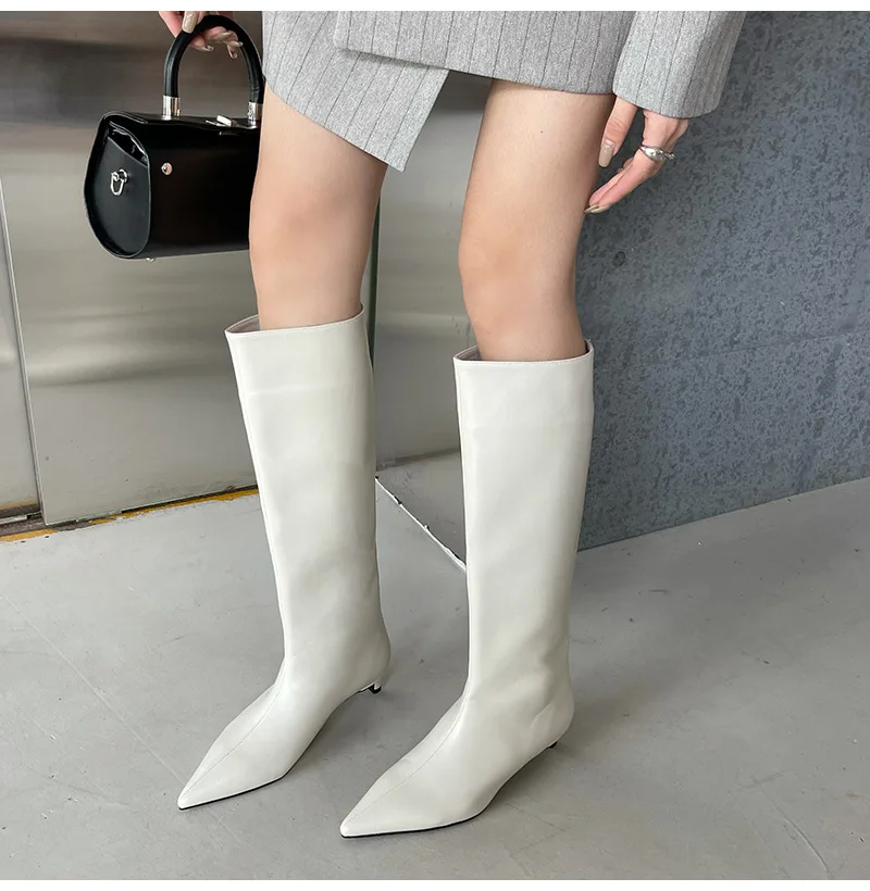 

AIYKAZYSDL 2026 Pointed Toe PU Leather Knee High Boots Low Kitten Heel Modern Western Bootie Fashion Autumn Winter Plus Size 41