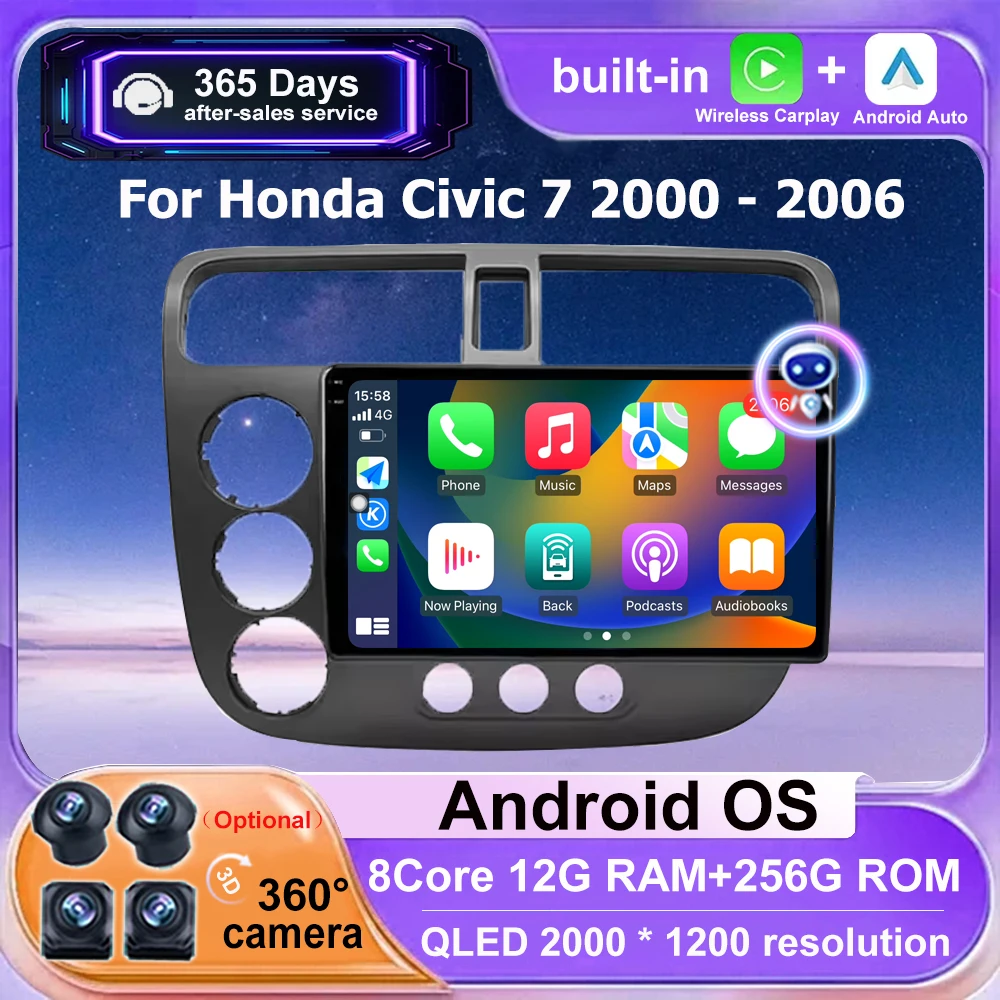

Multimedia Video Player Android Auto For Honda Civic 7 2000 - 2006 Car Radio 4G WIFI Navigation Stereo GPS Carplay QLED BT DSP