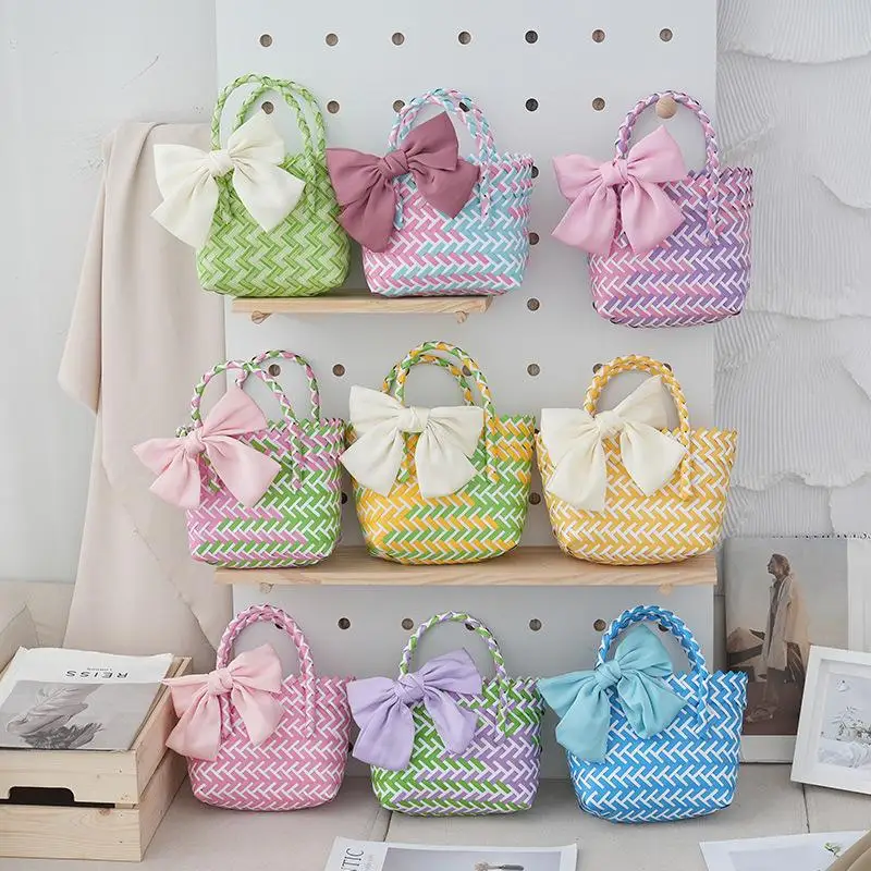 

【xxx】Colorful Bowknot Woven Hand-Held Basket Wedding Small Dish Holiday Gift Bathroom Wash Basket[S14]