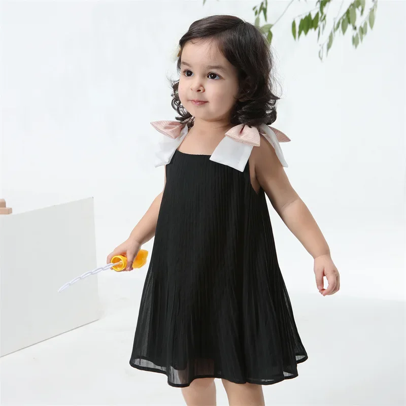 2023 New Solid Color Girls Vest Dress Pleated Chiffon Summer Princess Dress Big Bow Baby Girl Birthday Party Small Dress 12M-8T