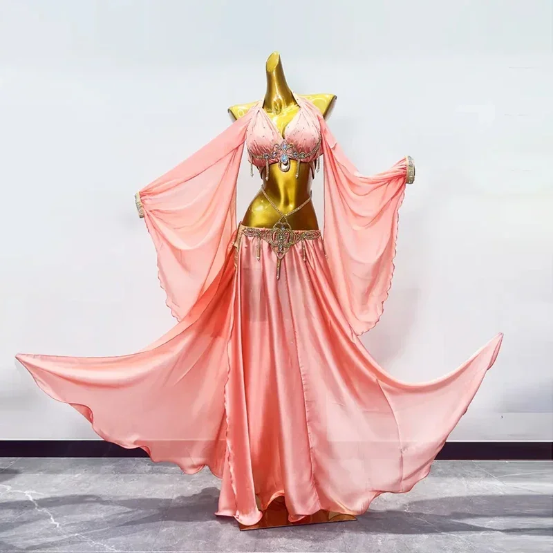Orientalisches Bauchtanzkostüm, 2-teilig, Damen, Satin-BH, langer Rock mit Schlitz, für Erwachsene, Größe M/L, Bühnenoutfit – Detail 4