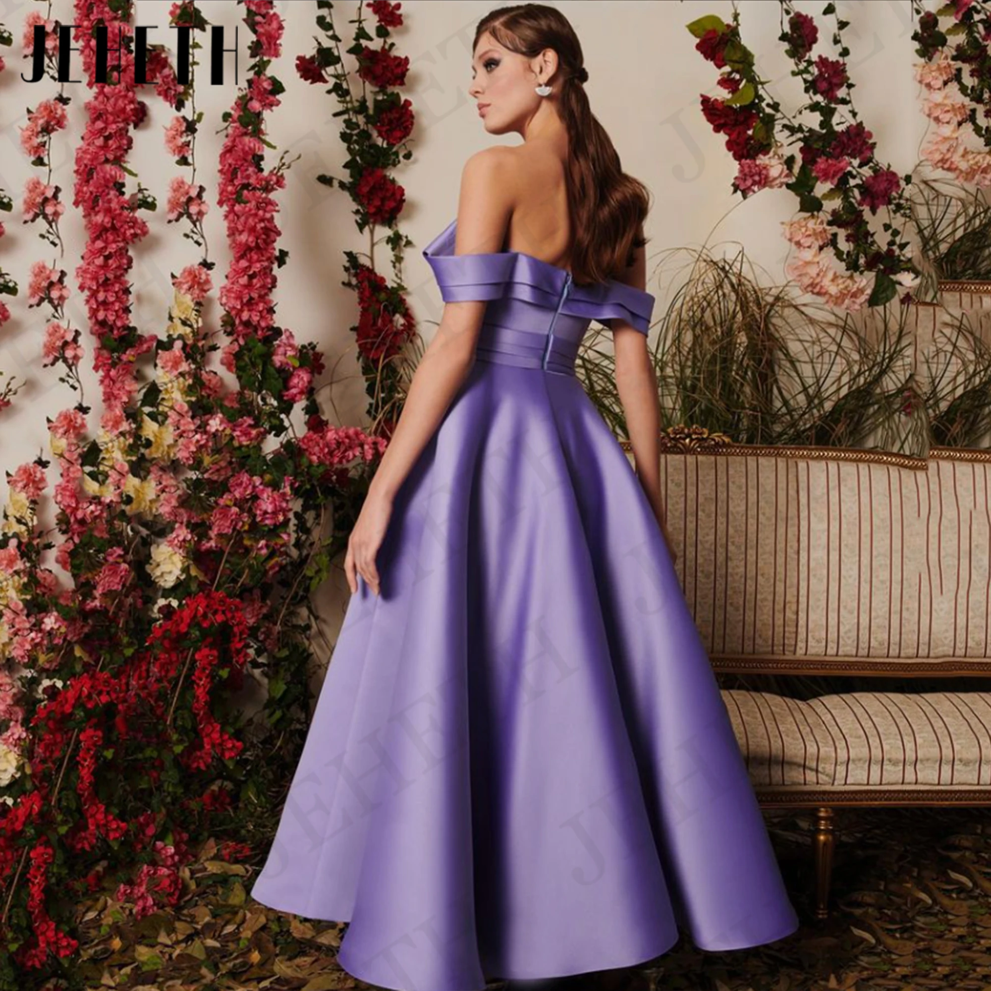 JEHETH Simple Satin Prom Dress Off Shoulder A Line Graduation Dresses Backless Ankle Length Lavender Boat Neck платье вечернее