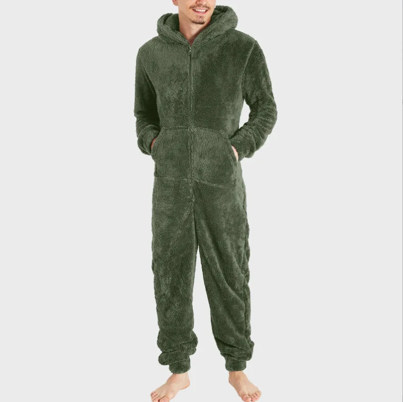 Onesie de lã quente masculino, pijama fofo, pijama de peça única, macacões com capuz adulto, inverno