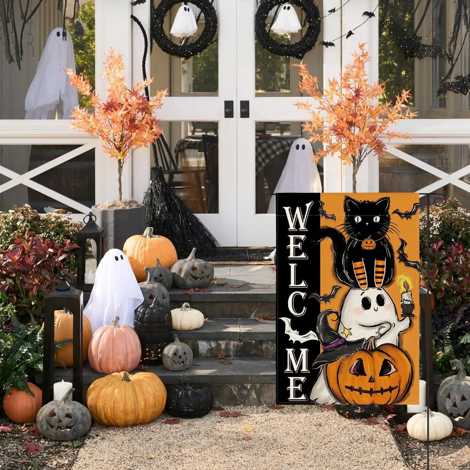 AVOIN colorlife Halloween Garden Flag 12x18 Inch Double Sided Outside, Ghost Black Cat Jack O;Lantern Welcome Holiday Yard Outdo