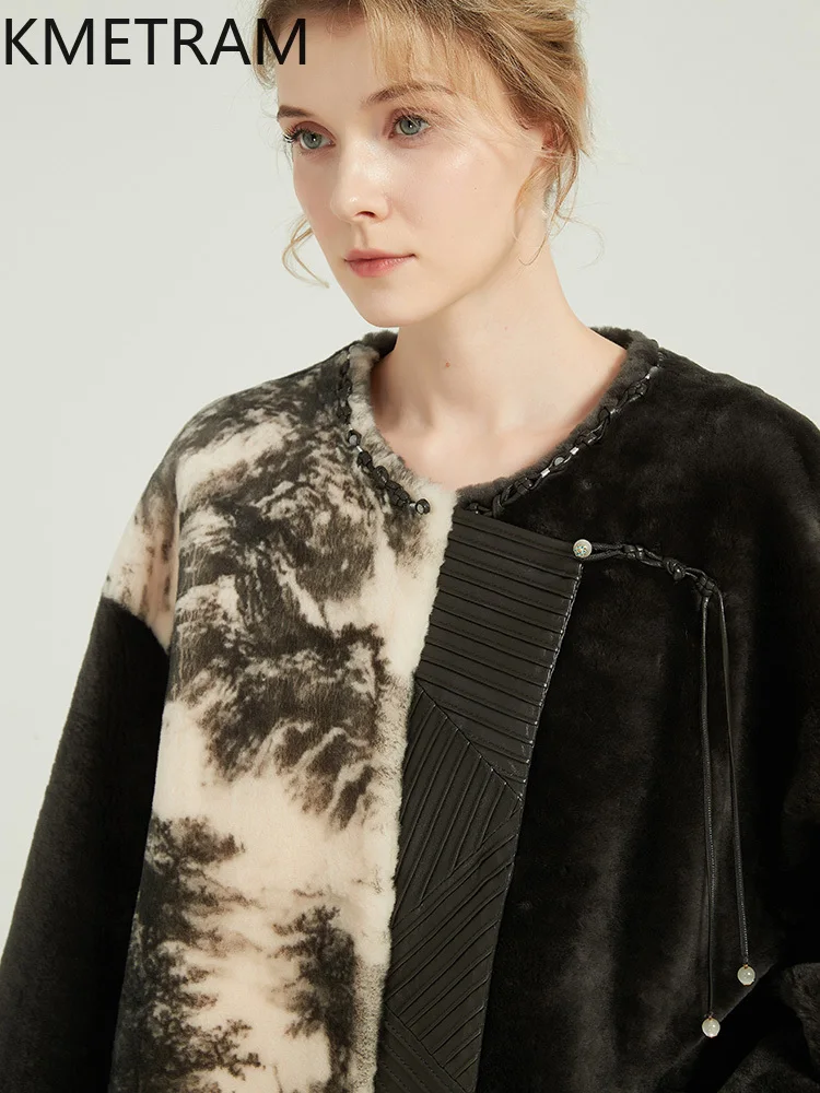 KMETRAM piel de oveja Natural con lana abrigo de piel atada moda corta nuevo 2025 invierno mujer chaqueta estampada manteaux hiver femme