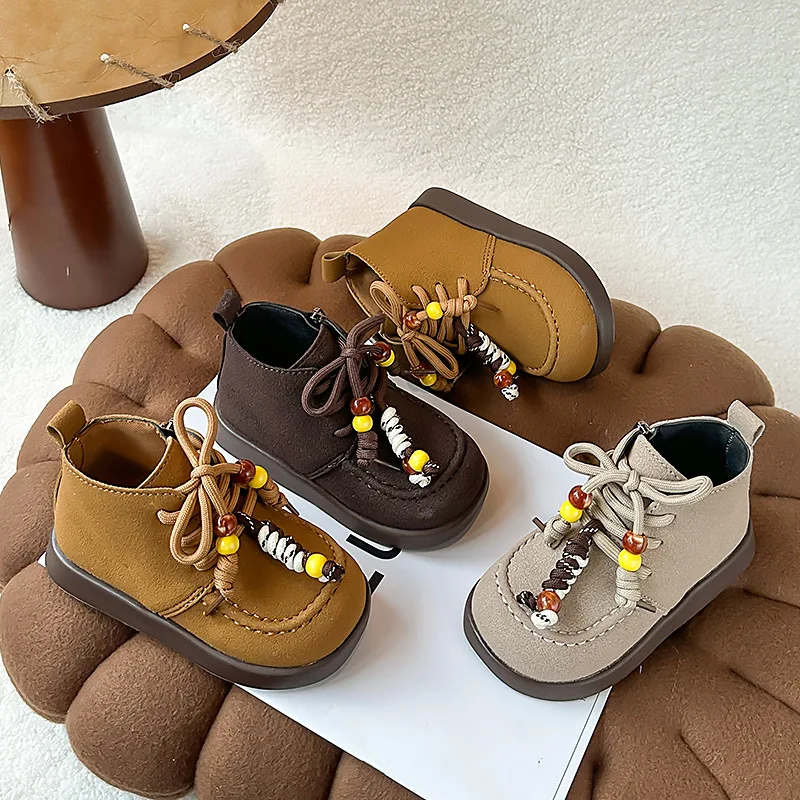 

2025 Beading Boys Girls Fashion Boots Solid PU Leather Boots For Kids Spring Autumn Zip Anti Slip Toddler Children Ankle Shoes