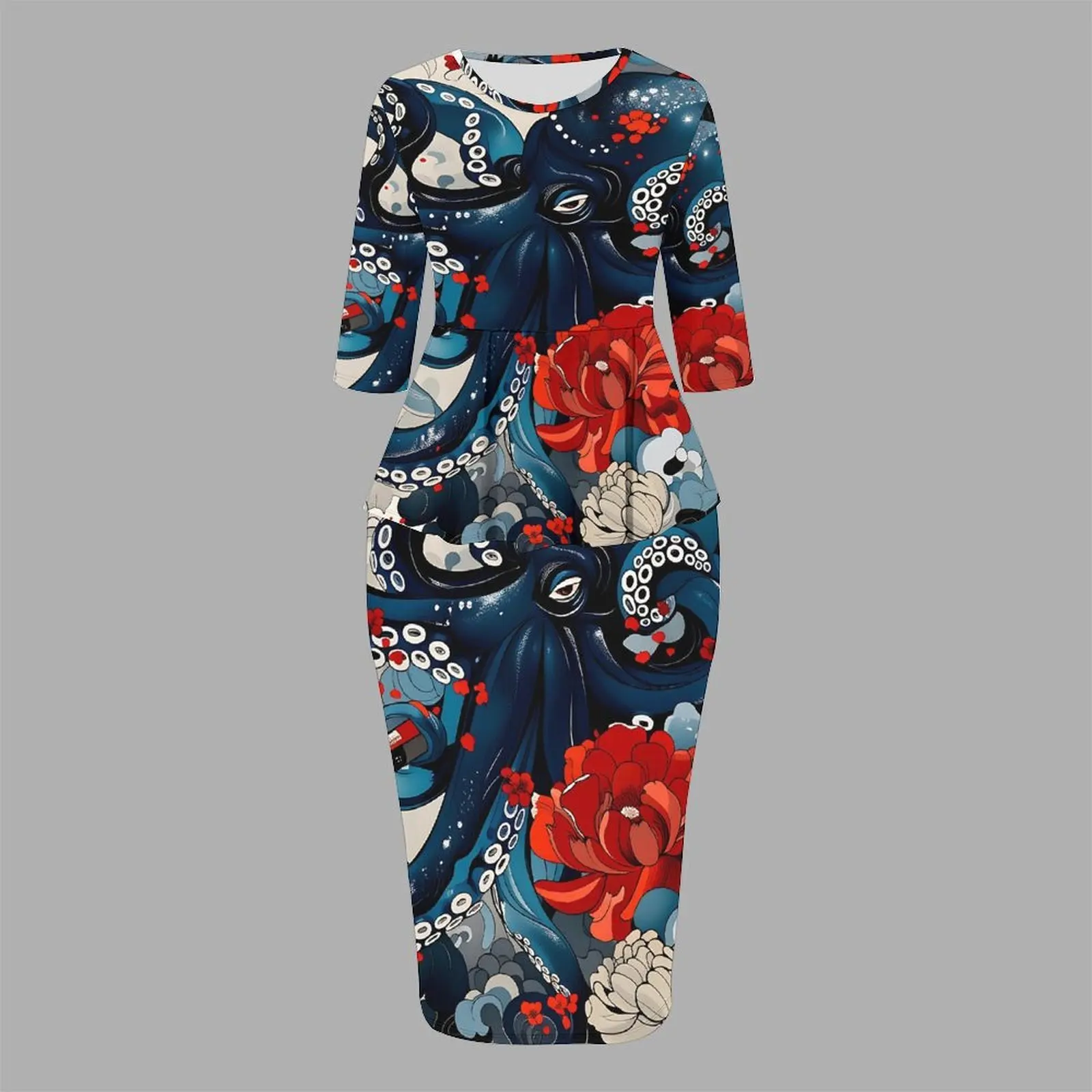 Autumnand Winter Crew Neckthree-quarter Sleeve  Ladies Tight-fitting Knee-length SkirtRetro Elegant Printed Party Two-piece Set