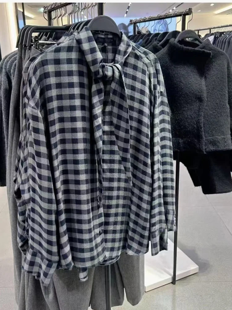 

Модная свободная рубашка с воротником-шарфом и декоративными элементами, женская повседневная модель из чистого хлопка с длинным рукавом на пуговицах, новинка зимы