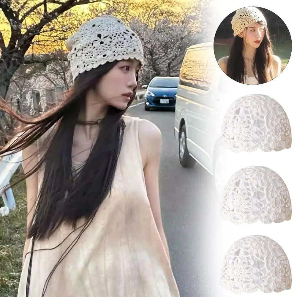 Fashionable Hollow Hook Flower Woven Headscarf Artistic Hollow Out Knitted Hat Breathable Handmade Melon Skin Hat Head