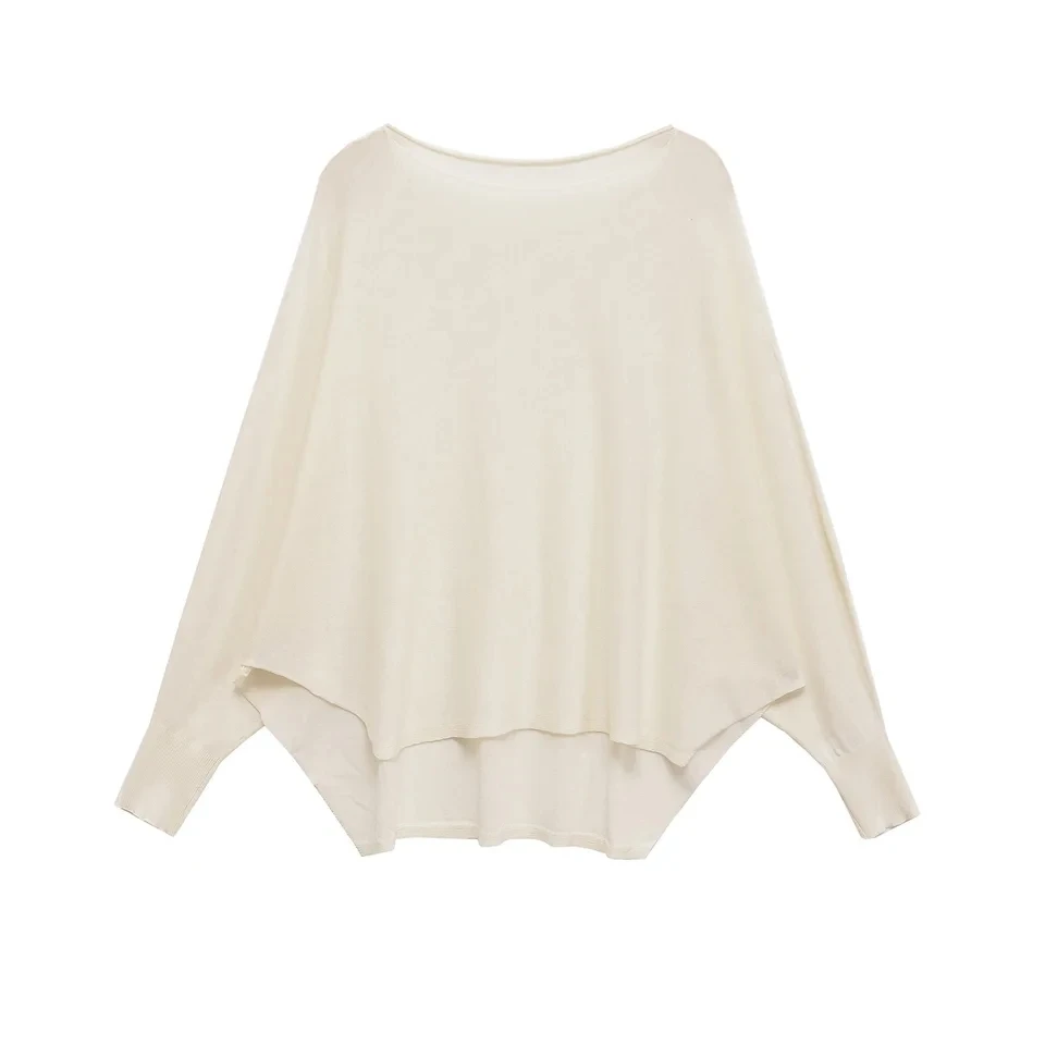 

2025 New Beige Round Neck Long Sleeve Loose Knit Sweater Women Front Short Back Long Irregular Hem Fashion Top