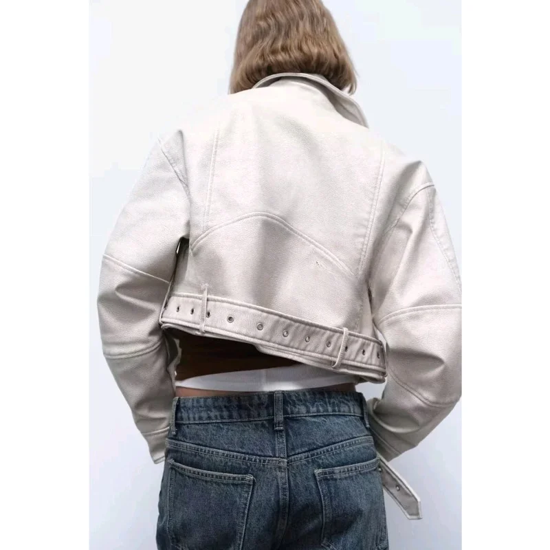 سترة طيار نسائية جديدة للخريف بأكمام طويلة من الجلد الصناعي، ياقة قابلة للطي، إغلاق بسحاب، تصميم فضفاض، طول قصير، مصنوعة من أ... #2