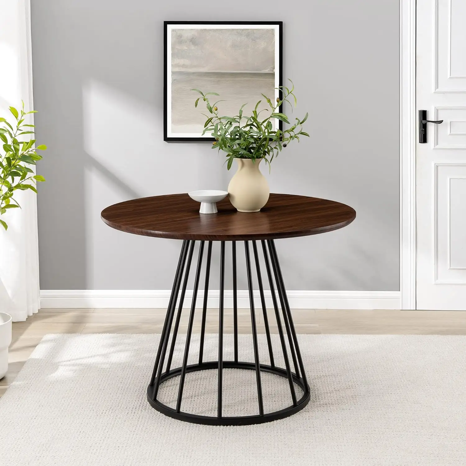 Vivv Modern Round Dining Table with Metal Base, 40 Inch, Dark Walnut/Black