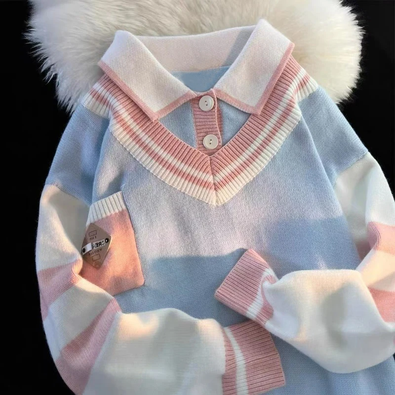 Jesień Zima Kobiety Styl Preppy Patchwork Fałszywy Dwa Dzianinowy Sweter Y2K Kobieta Słodki Kawaii Szykowny Luźny Długi Rękaw Pullover Tops