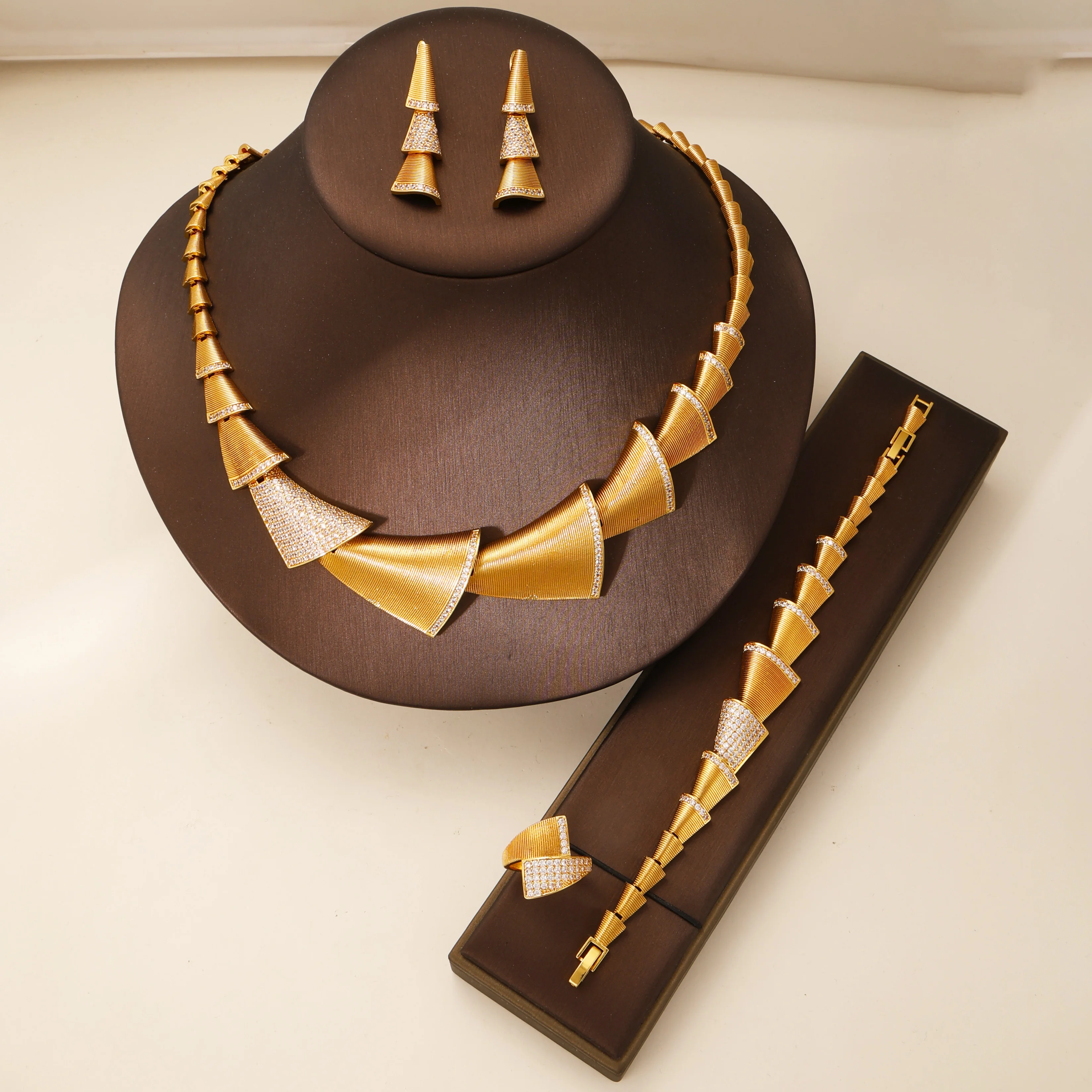 KDE  4-Piece Dubai Gold Plated Geometric Rhinestone Necklace, Bracelet, Earrings & Ring Set, Gold Fashion Jewelry Set for Women