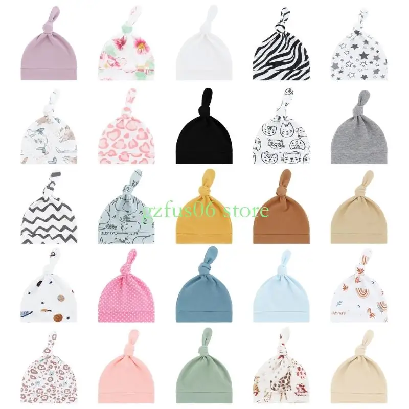 

D5QF Baby Hospital Hat Cotton Comfortable Newborns Fetal Caps Fashionable Knotted Hat