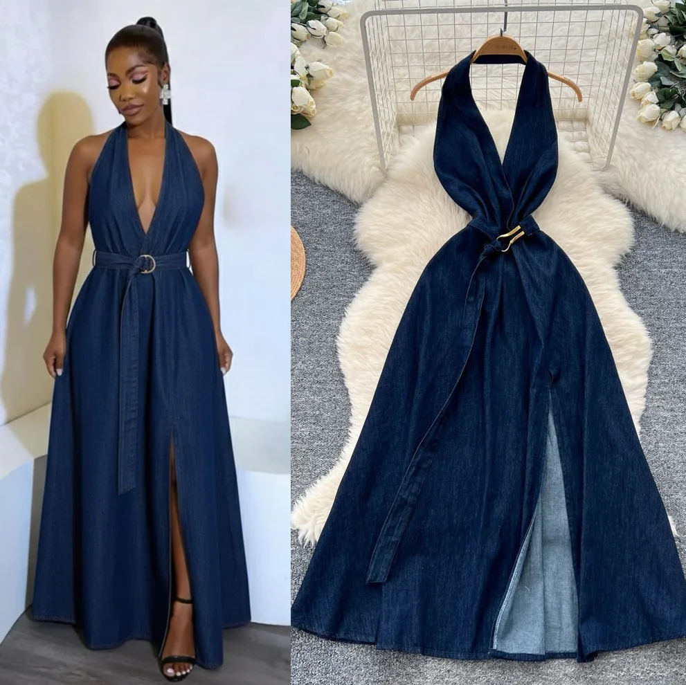 

Women Backless Denim Dresses Solid Strapless Dress V Neck Side Slit A Line Ankle Lenth Waist Cinch Slim Sexy Elegant 2025 Summer